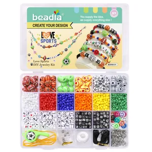 DIY sports themed bead kit with football and basketball beads in a 24-grid organizer box