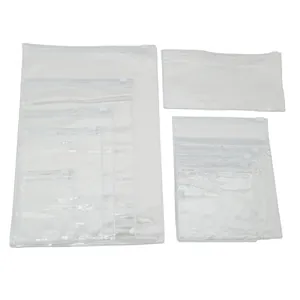 Multiple sizes of clear PVC plastic zip lock bags with white slide closures for storage
