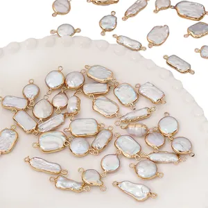 Natural baroque pearl pendant with gold plating and double connectors for DIY jewelry