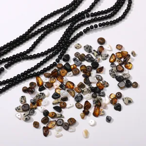 DIY jewelry kit with black beads and 5-8mm irregular stone chips in Maillard earth tones