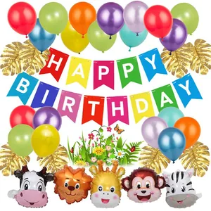 Dschungel Tier Thema Geburtstag Party Dekoration Aluminiumfolie Ballons Latex Ballons Banner Palmblätter Kinder Geburtstag Party Zubehör