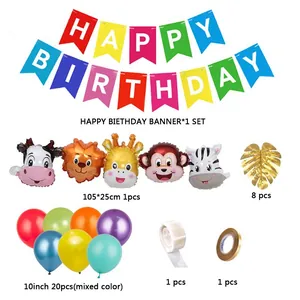 Dschungel Geburtstag Ballons Set mit Tierköpfen und Happy Birthday Girlande Deko