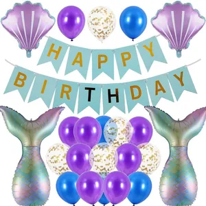 Meerjungfrau-Partyset mit lila Muschelballons, Schwanzfolien und Geburtstag-Banner