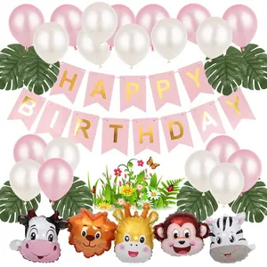 Detailsicht der Tierfolienballons und Happy Birthday Banner für die Partydekoration