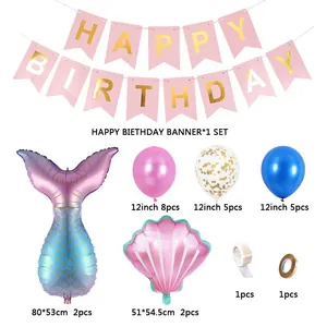 Meerjungfrau Geburtstag Deko Set mit Bannern, Muschelballons und Farbverlaufsschwänzen