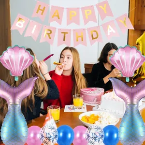 Meerjungfrau-Partyset mit Muschelballons, Farbverlauf-Schwanz und Geburtstagsbanner in Rosa