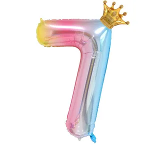 32-inch regenboog verloop nummer 7 ballon met gouden kroon voor verjaardagsdecoratie