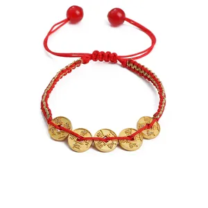 Traditional Five Emperors red braided rope bracelet with golden coins for good fortune