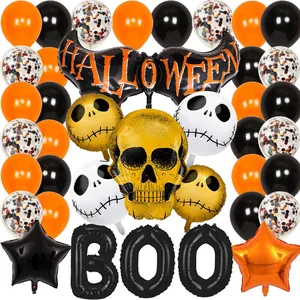 Halloween Aluminum Foil Bat Gold Skull Boo Letter Latex Balloons Party Decoration Collection For Home Haunted House Event