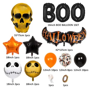 Halloween balloon set featuring gold skull, BOO letters, and bat theme party decorations