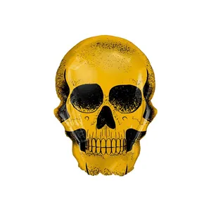 Metallic gold skull balloon with detailed black printing for Halloween party decoration