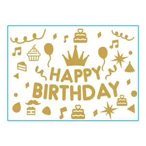 Autocollants de ballons Happy Birthday dorés avec icônes de cupcakes et couronnes