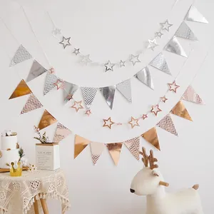 Hollow gold star garland and metallic triangle bunting for party wall decoration