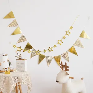 Golden hollow star garland and triangle bunting set for festive party wall decoration