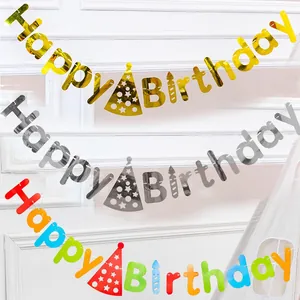Happy Birthday Banner With Party Hat Design Paper Letter Garland For Baby First Birthday Celebration Decorations Gold Silver Rainbow Hanging Banners