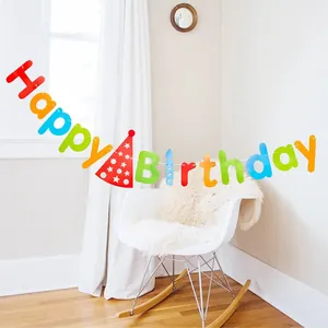 Colorful Happy Birthday banner with party hat and candles for kids birthday decoration