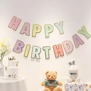 Macaron Happy Birthday Banner Hot Stamping Gold Edge Cardstock Garland For Kids Birthday Party Decoration Hanging Bunting