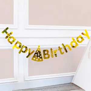 Golden Happy Birthday banner with star party hat for baby birthday party wall decor