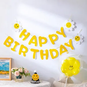 Bannière Happy Birthday Jaune Avec Visage Souriant Marguerite Guirlande Suspendue Pour Décoration De Fête D'Anniversaire Enfants