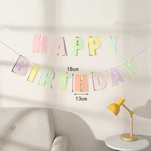 Pastel macaron Happy Birthday banner with gold foil edges for party wall decoration