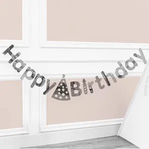 Silver mirror Happy Birthday banner with party hat for birthday scene decoration