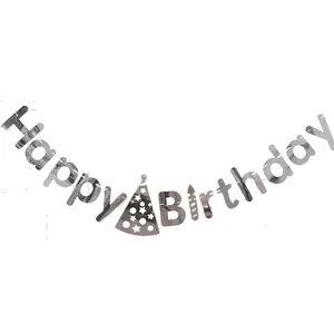 Silver metallic Happy Birthday banner with party hat cutout for birthday celebrations
