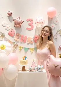 Kit déco 3ème anniversaire rose avec bannière Be Happy et ballons chat mignons