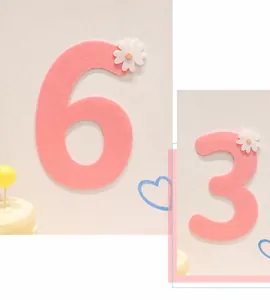 Détails des chiffres d'anniversaire en feutre rose 3 et 6 avec décorations de marguerites