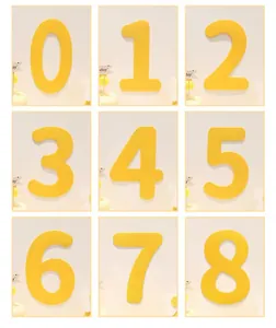 Detailed grid view of yellow felt birthday numbers 0-8 for party backdrop decoration