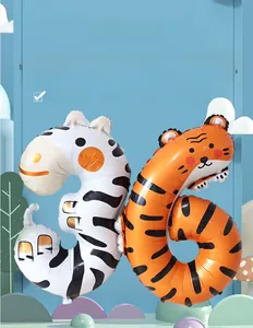 Detailed view of 40-inch large zebra and tiger themed animal number balloons for kids
