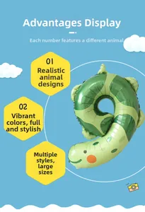 Detail of green number 9 animal foil balloon with vibrant stripes and cute cartoon face