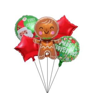 Lot de 5 ballons de Noël en aluminium avec bonhomme de pain d'épice et étoiles rouges