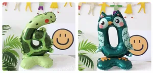 Detail of self-standing animal themed number 6 and 0 foil balloons for party decoration