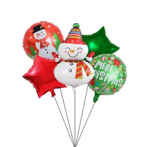 Lot de cinq ballons de Noël en aluminium avec bonhomme de neige sur fond blanc