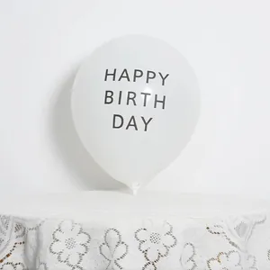 Close-up of white latex birthday balloon with black Happy Birthday print and holder