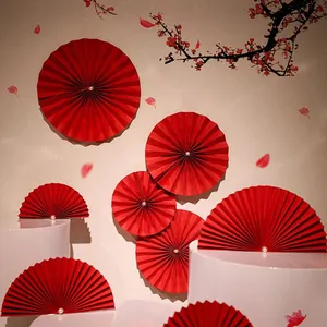 Handmade Chinese Style Paper Fan Flower Decoration With Faux Artificial Pearl For Wedding Party Home Festive Backdrop Hanging Decor