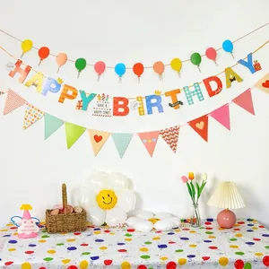 Happy Birthday Banner Decoration Set Colorful Paper Triangle Flags Children Party Supplies With Birthday Hat And Glasses