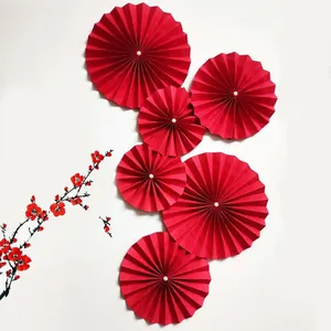 Set of 6 red Chinese paper fan decorations with pearl centers for wedding party backdrops