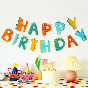 Dinosaur themed Happy Birthday banner with colorful letter flags for party decoration