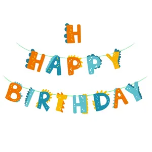 Dinosaur themed Happy Birthday banner for kids party decoration in orange yellow and blue
