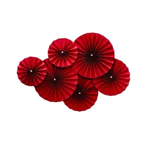 6-piece set of red paper fan decorations with pearl accents for wedding backdrop