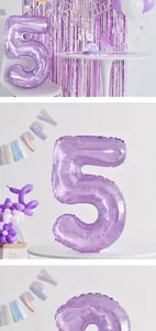 Detalle de globo de cristal morado número 5 para decoraciones de fiesta de cumpleaños