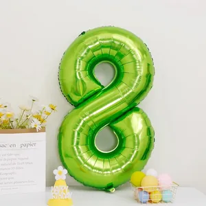 Detail of large number 8 lime green foil balloon for birthday party decorations