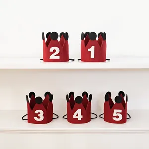 Red Felt Birthday Crown Hat With White Numbers For Kids Birthday Party Photography Props Headwear Decoration