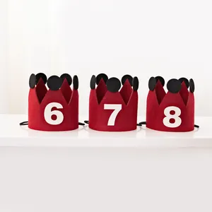 Set of three red felt birthday crown hats with white numbers 6, 7, and 8 for kids