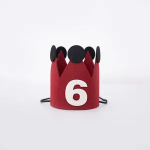 Red felt crown birthday hat for kids featuring white number 6 and elastic strap
