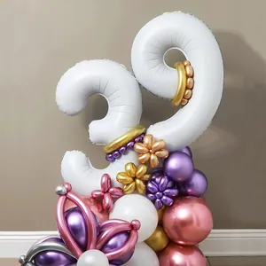 32-inch matte white number balloons 3 and 9 with colorful metallic balloon floral base