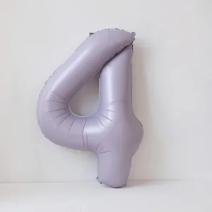 Detail of lavender 40-inch number 4 foil balloon with metallic finish for birthday party