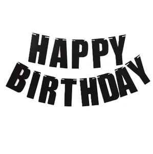 Bannière Happy Birthday noire minimaliste pour décoration de fête avec lettres en carton