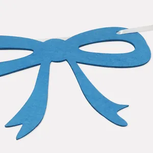 Blue felt bow party banner hanging decoration with white ribbon for birthday celebrations